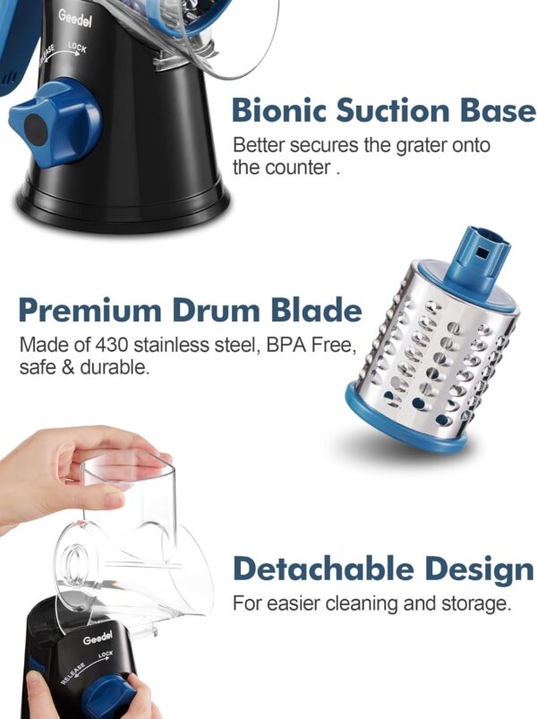 Geedel Rotary Cheese Grater, Kitchen Mandoline Vegetable Slicer with 3 Interchangeable Blades - Image 5