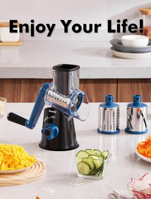 Geedel Rotary Cheese Grater, Kitchen Mandoline Vegetable Slicer with 3 Interchangeable Blades - Image 7