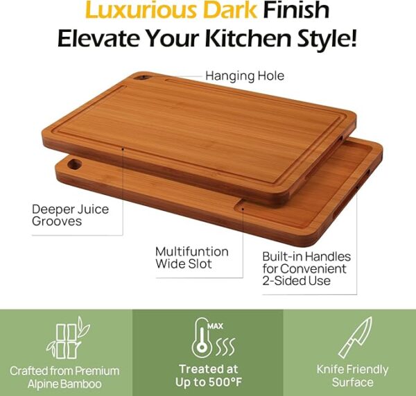 Bamboo Cutting Board, Durable Wood Cutting Boards for Kitchen with Deep Juice Grooves & Built-in Handles, Ideal Charcuterie & Chopping for Meat - Image 3