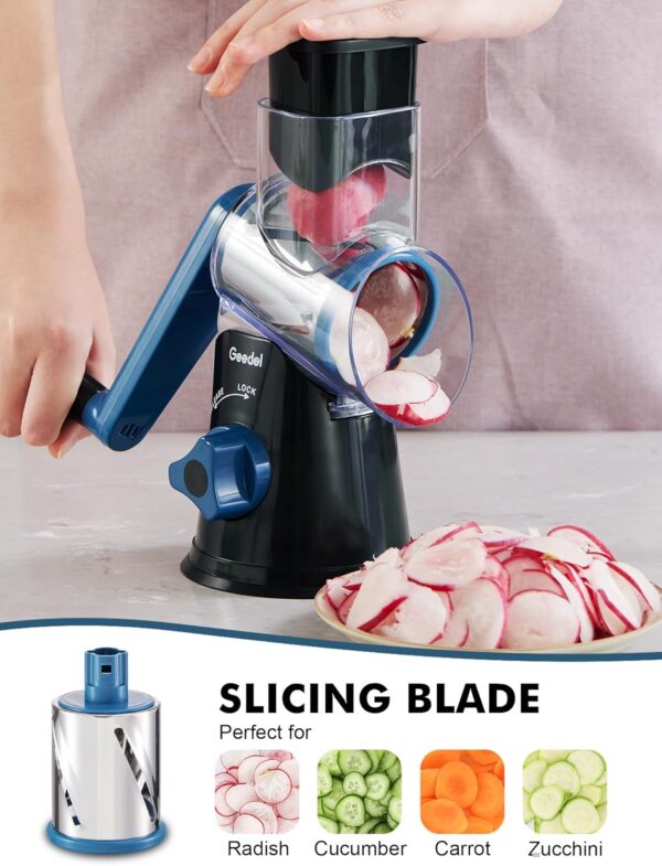 Geedel Rotary Cheese Grater, Kitchen Mandoline Vegetable Slicer with 3 Interchangeable Blades - Image 3