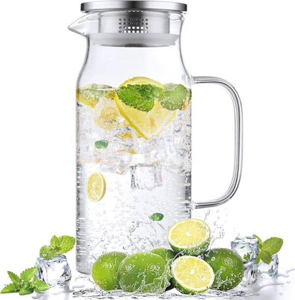 Glass Pitcher with Lid and Spout, Bivvclaz Glass Water Pitcher for Fridge