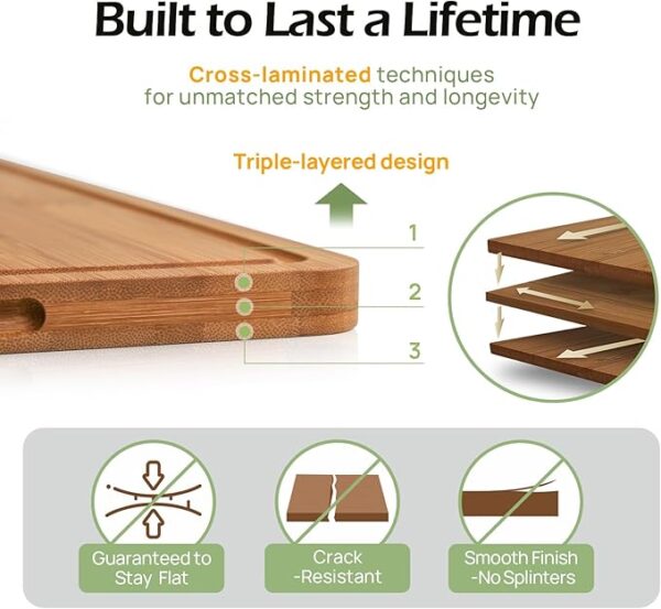 Bamboo Cutting Board, Durable Wood Cutting Boards for Kitchen with Deep Juice Grooves & Built-in Handles, Ideal Charcuterie & Chopping for Meat - Image 4