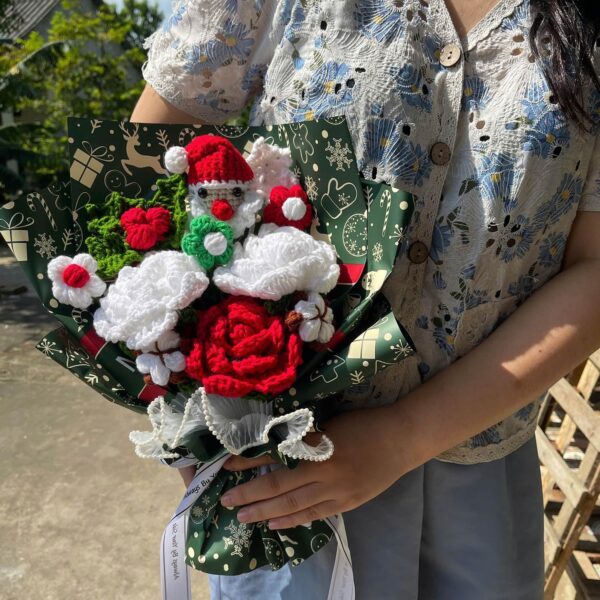 Completed Crochet Flowers Bouquet, Handmade Knitted Bouquet, Crochet Artificial Flowers Of Rose, Christmas Decor as Gift for Mother, Friends, Daughter, Home Decor (Christmas Rose) - Image 2