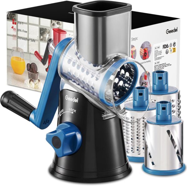 Geedel Rotary Cheese Grater, Kitchen Mandoline Vegetable Slicer with 3 Interchangeable Blades