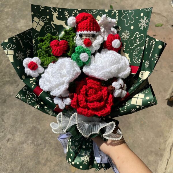 Completed Crochet Flowers Bouquet, Handmade Knitted Bouquet, Crochet Artificial Flowers Of Rose, Christmas Decor as Gift for Mother, Friends, Daughter, Home Decor (Christmas Rose)