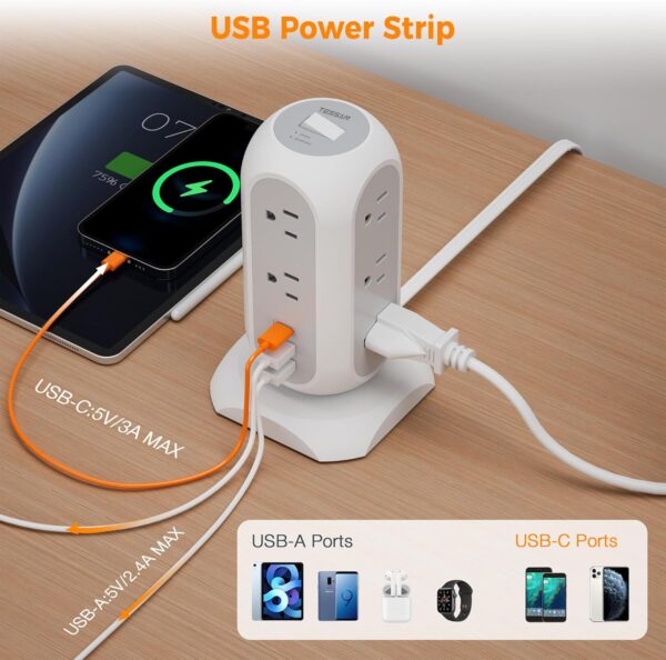 Tower Power Strip Flat Plug with 11 Outlets 3 USB - Image 3