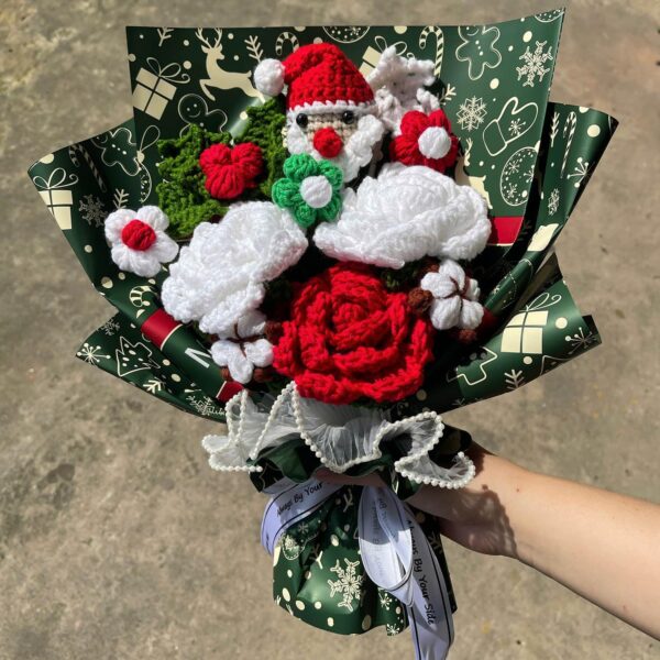 Completed Crochet Flowers Bouquet, Handmade Knitted Bouquet, Crochet Artificial Flowers Of Rose, Christmas Decor as Gift for Mother, Friends, Daughter, Home Decor (Christmas Rose) - Image 3