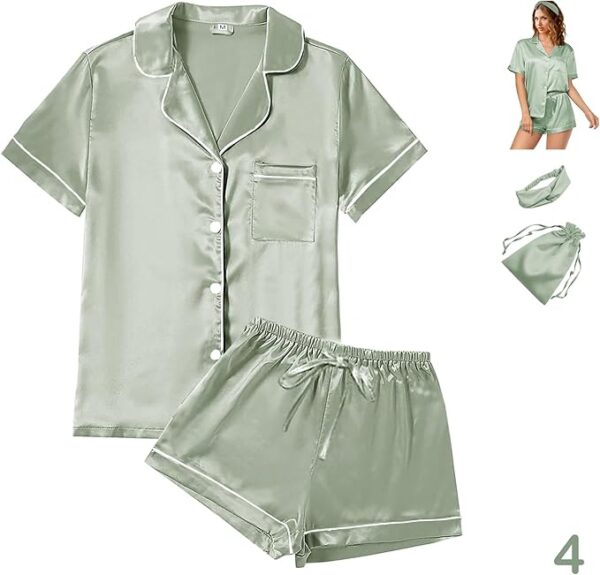 Womens Satin Silky Pajama Sets Short Sleeve Shirt XS-4XL Floral Pajamas Set Soft PJ Loungewear Sleepwear