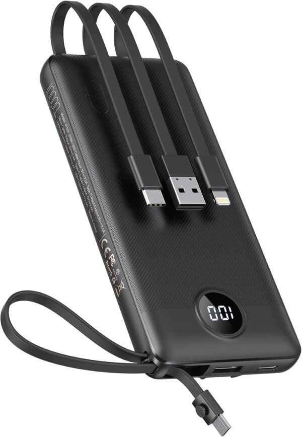 VEEKTOMX Portable Charger with Built-in Cables 10000mAh Power Bank for iPhone Slim Fast Charge USB C Battery Pack Travel Essentials Powerbank Compatible with iPhone, Samsung, Android, etcAs an amazon associate