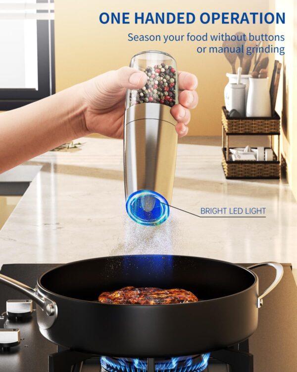 CIRCLE JOY Gravity Electric Salt and Pepper Grinder Set Stainless Steel Automatic Salt and Pepper Grinder Set, Battery Operated, LED Light, Adjustable Coarseness, for Home Kitchen - Image 4