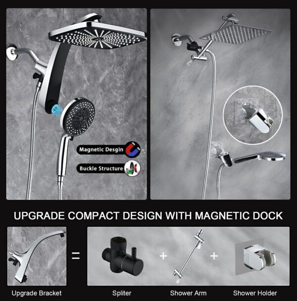 High Pressure Rain Shower Head: Upgrade Shower Heads with Handheld Spray Combo with Fixed Showerhead and 10 Sprays Handheld Shower Head, Detachable Shower head Built-in Magnetic Docking and Power - Image 4
