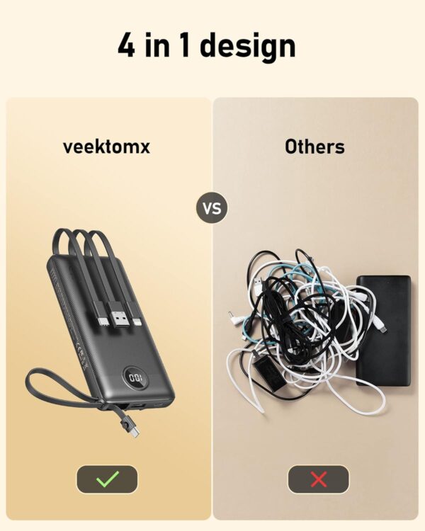 VEEKTOMX Portable Charger with Built-in Cables 10000mAh Power Bank for iPhone Slim Fast Charge USB C Battery Pack Travel Essentials Powerbank Compatible with iPhone, Samsung, Android, etcAs an amazon associate - Image 3
