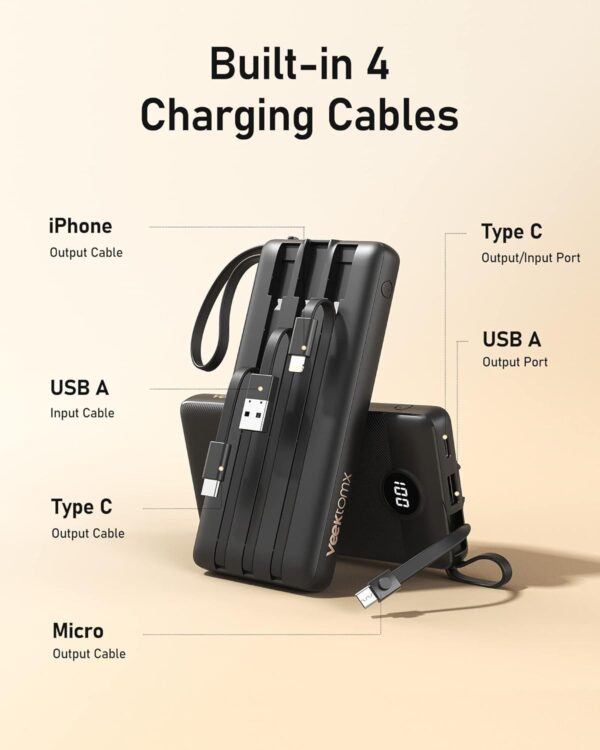 VEEKTOMX Portable Charger with Built-in Cables 10000mAh Power Bank for iPhone Slim Fast Charge USB C Battery Pack Travel Essentials Powerbank Compatible with iPhone, Samsung, Android, etcAs an amazon associate - Image 2