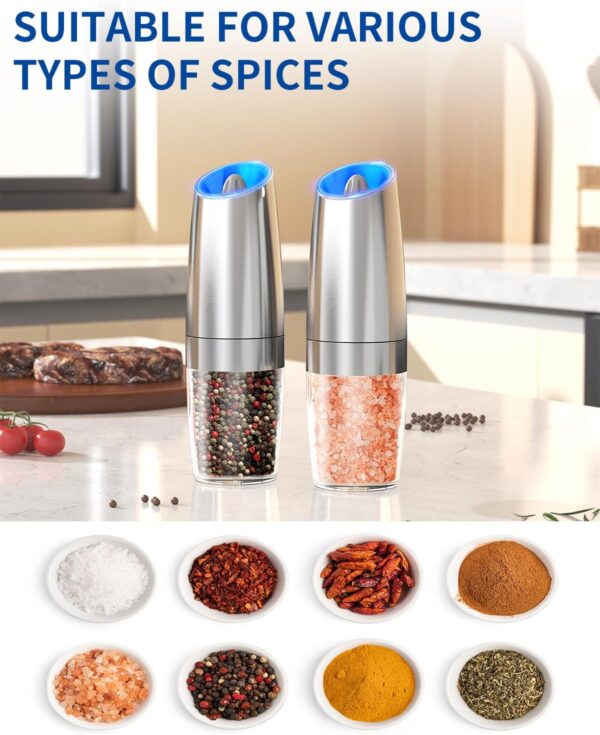 CIRCLE JOY Gravity Electric Salt and Pepper Grinder Set Stainless Steel Automatic Salt and Pepper Grinder Set, Battery Operated, LED Light, Adjustable Coarseness, for Home Kitchen - Image 5