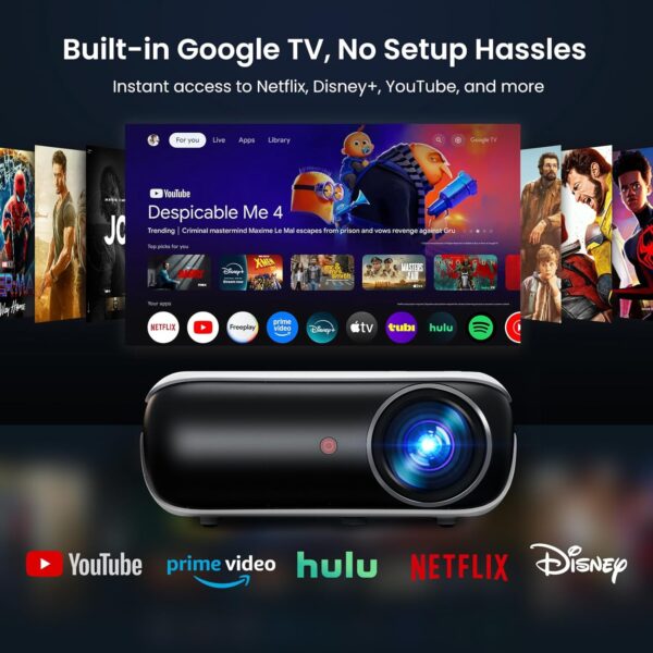 Official Licensed Google TV Smart Projector, HAPPRUN 4K UHD Home Theater with Dolby Sound, Wi-Fi & Bluetooth, Built-in Streaming Apps, Compatible with Games Consoles & Smartphone, Indoor & Outdoor