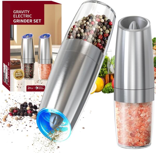 CIRCLE JOY Gravity Electric Salt and Pepper Grinder Set Stainless Steel Automatic Salt and Pepper Grinder Set, Battery Operated, LED Light, Adjustable Coarseness, for Home Kitchen