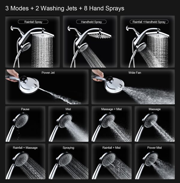 High Pressure Rain Shower Head: Upgrade Shower Heads with Handheld Spray Combo with Fixed Showerhead and 10 Sprays Handheld Shower Head, Detachable Shower head Built-in Magnetic Docking and Power - Image 2
